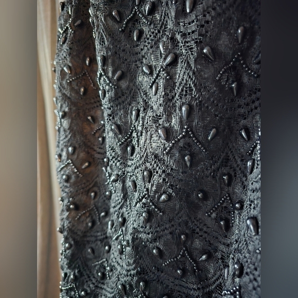 '90s Black Floral Lace Sequin Fully Beaded Pencil Maxi Evening Dress Sz Large - Picture 2 of 6